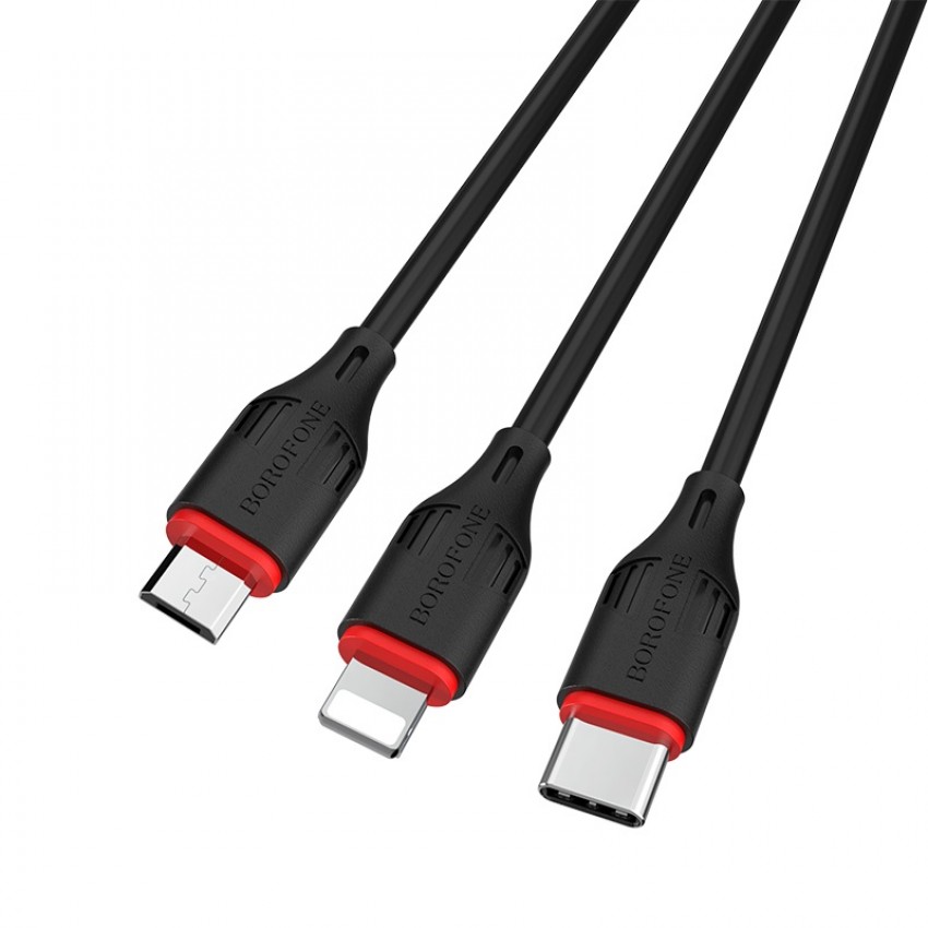 USB kabelis Borofone BX17 3in1 microUSB-Lightning-Type-C 1.0m melns