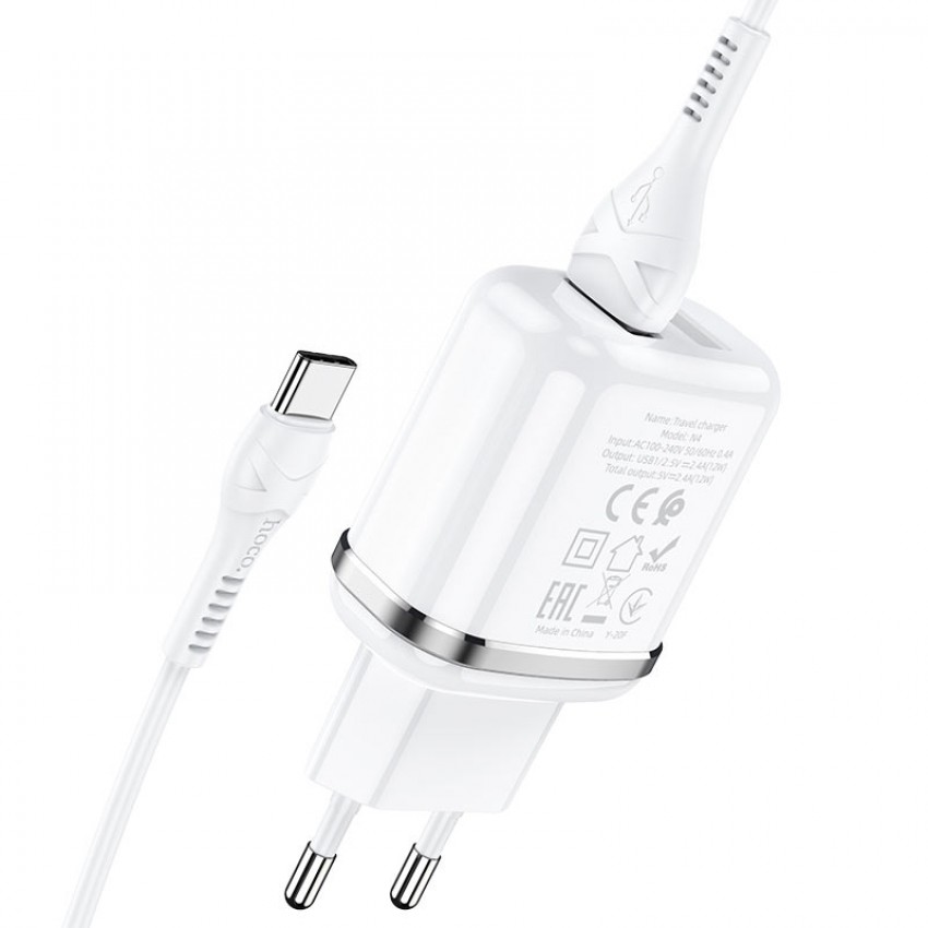 Laadija Hoco N4 kahega USB pistikuga + Type-C (2.4A) valge