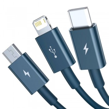 USB caabel Baseus Superior alates USB kuni microUSB+Lightning+Type-C 100W 1.5m sinine CAMLTYS-03