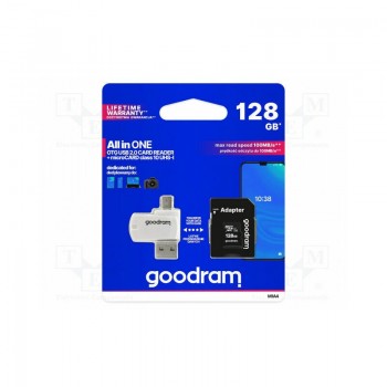 Mälukaart Goodram microSD 128Gb (class 10) + SD adapter + OTG kaardilugeja (USB+microUSB)