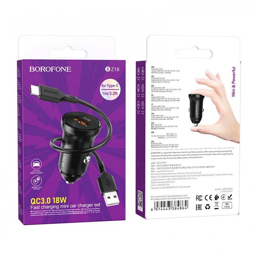 Car charger Borofone BZ18 Quick Charge 3.0 18W + Type-C black