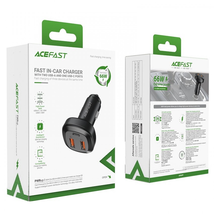 Car charger Acefast B9 66W 2xUSB-A+USB-C black