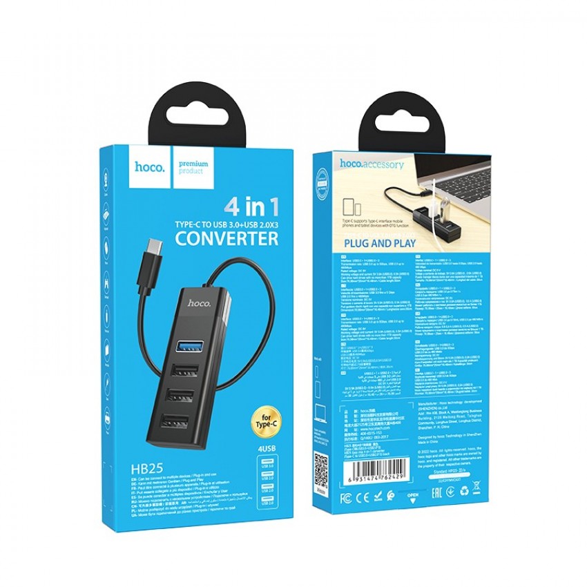 USB centrmezgls Hoco HB25 Easy mix 4-in-1 converter Type-C to 1xUSB3.0+3xUSB2.0 melns