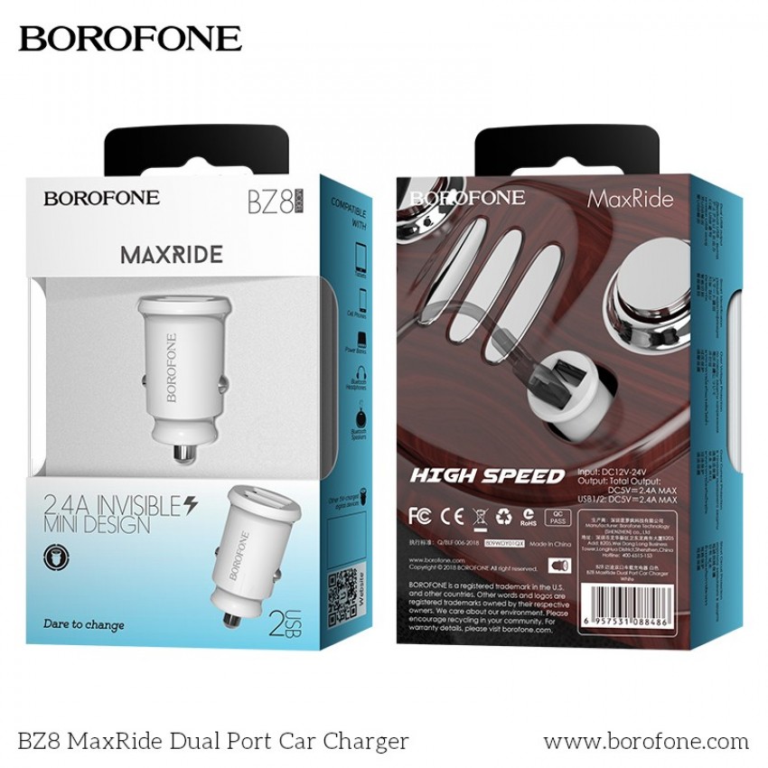Auto lādētājs Borofone BZ8 MaxRide Dual Port balts