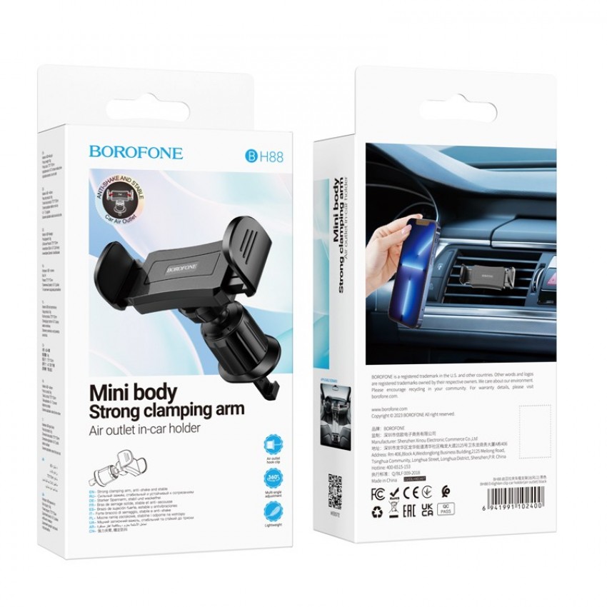 Automašīnas tālruņa turētājs Borofone BH88 uzstādīts uz ventilācijas režģa melns