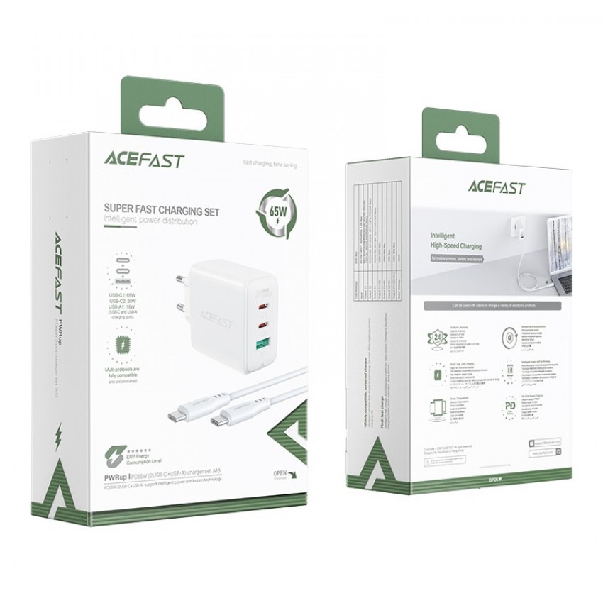 Charger Acefast A13 PD65W 2xType-C/USB-A white