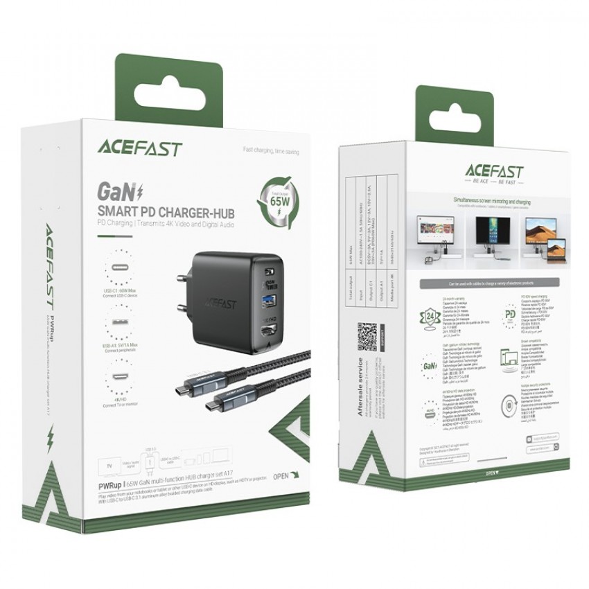 Lādētājs Acefast A17 65W GaN Multi-function HUB Type-C/USB-A/HDMI melns