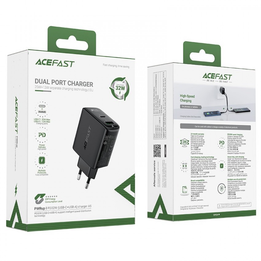 Charger Acefast A5 PD32W Type-C/USB-A black