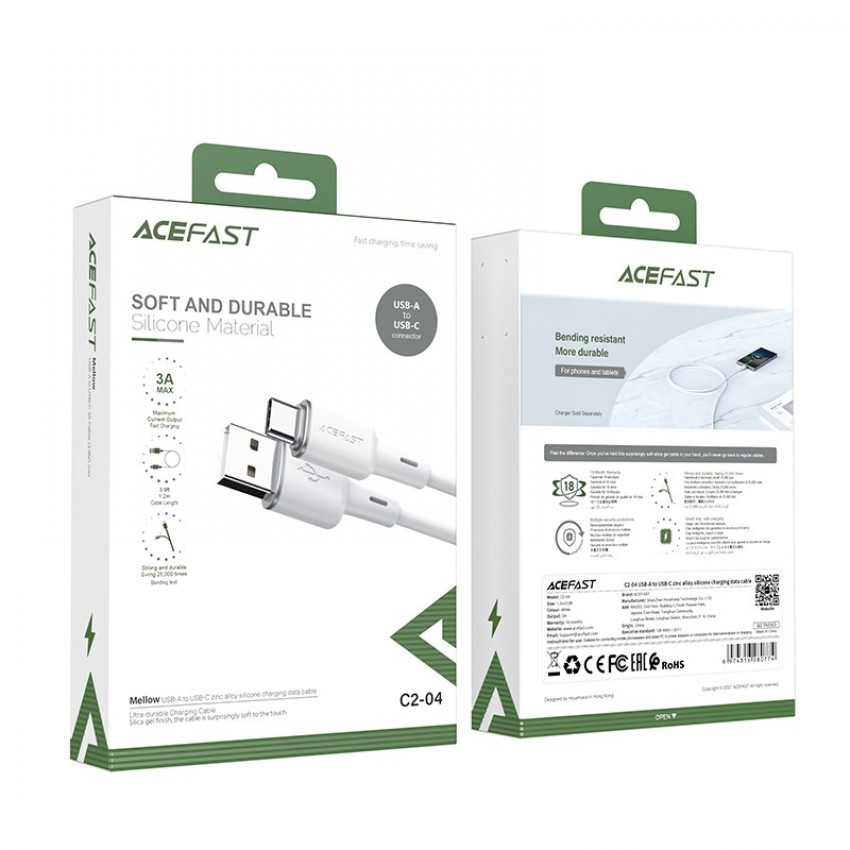 USB kabelis Acefast C2-04 USB-A to USB-C 1.2m balts