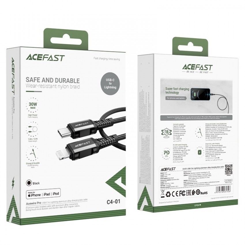 USB kabelis Acefast C4-01 MFi PD30W USB-C to Lightning 1.8m melns