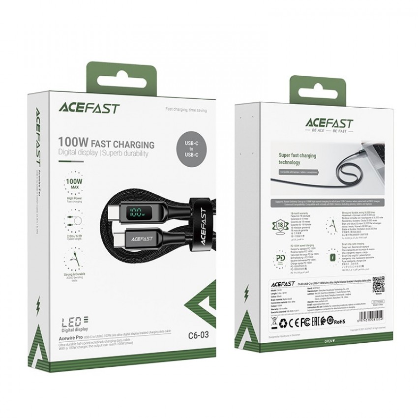 USB kabelis Acefast C6-03 100W USB-C to USB-C 2.0m melns