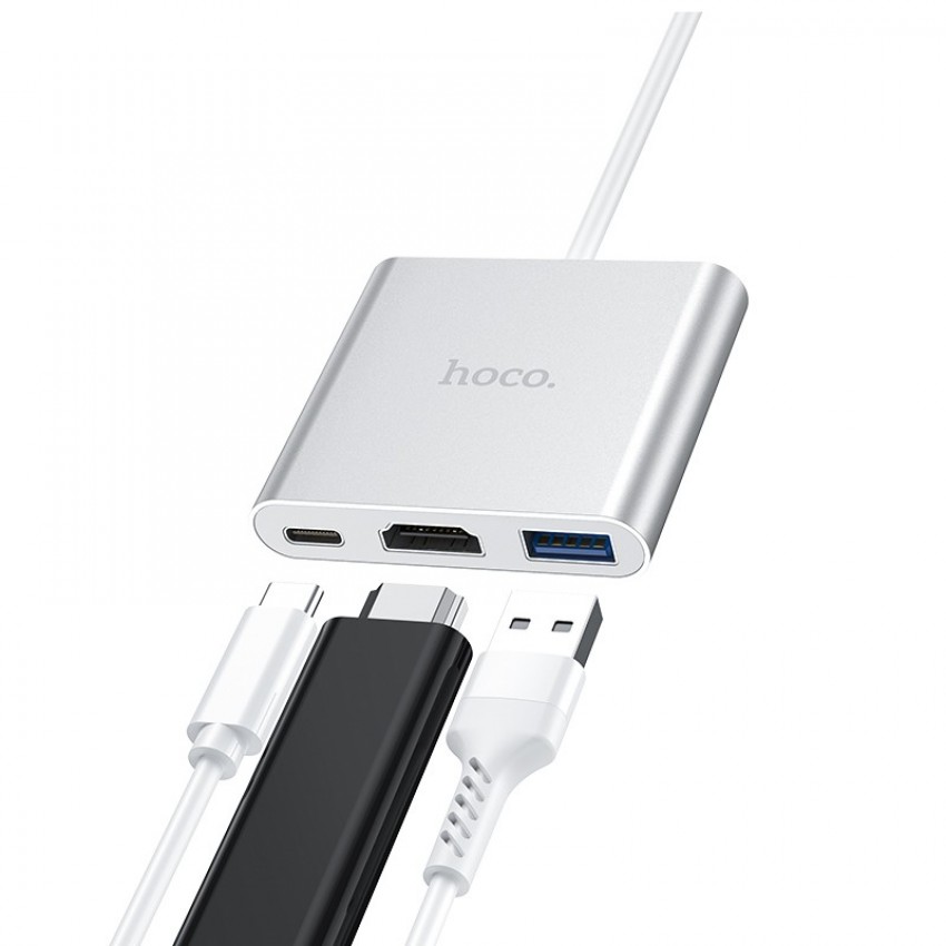 Adapter Hoco HB14 Type-C to USB-A+HDMI+Type-C hõbedane värv
