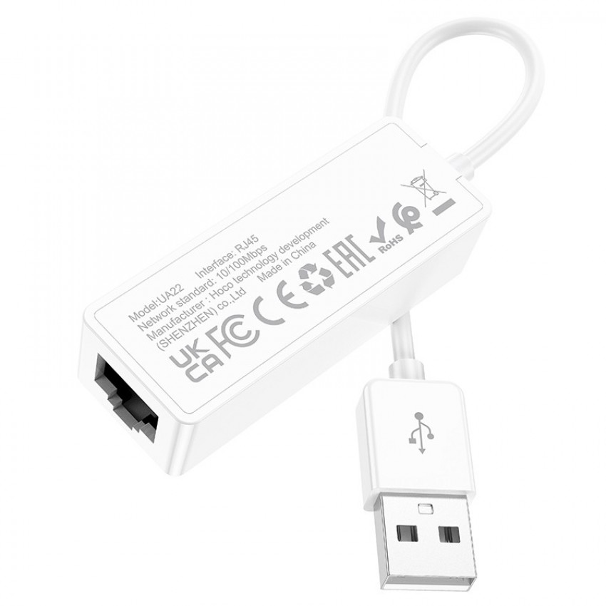 Adapter Hoco UA22 USB-A to RJ45 100 Mbp valge