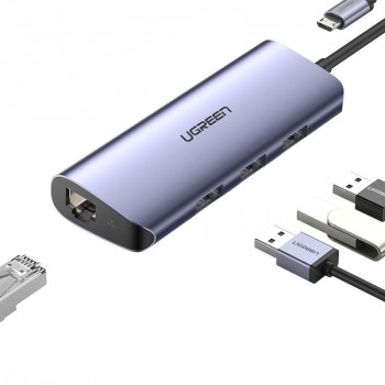 Adapter Ugreen CM252 USB-C to 3xUSB-A + RJ45 (MicroUSB Power Supply) gray