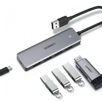 USB centrmezgls Ugreen CM219 USB-A to 4xUSB-A (MicroUSB Power Supply) pelēks