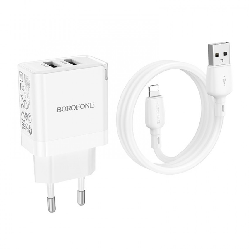 Laadija Borofone BN15 2xUSB-A + USB-A to Lightning cable 1.0m valge