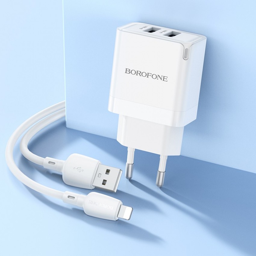 Laadija Borofone BN15 2xUSB-A + USB-A to Lightning cable 1.0m valge