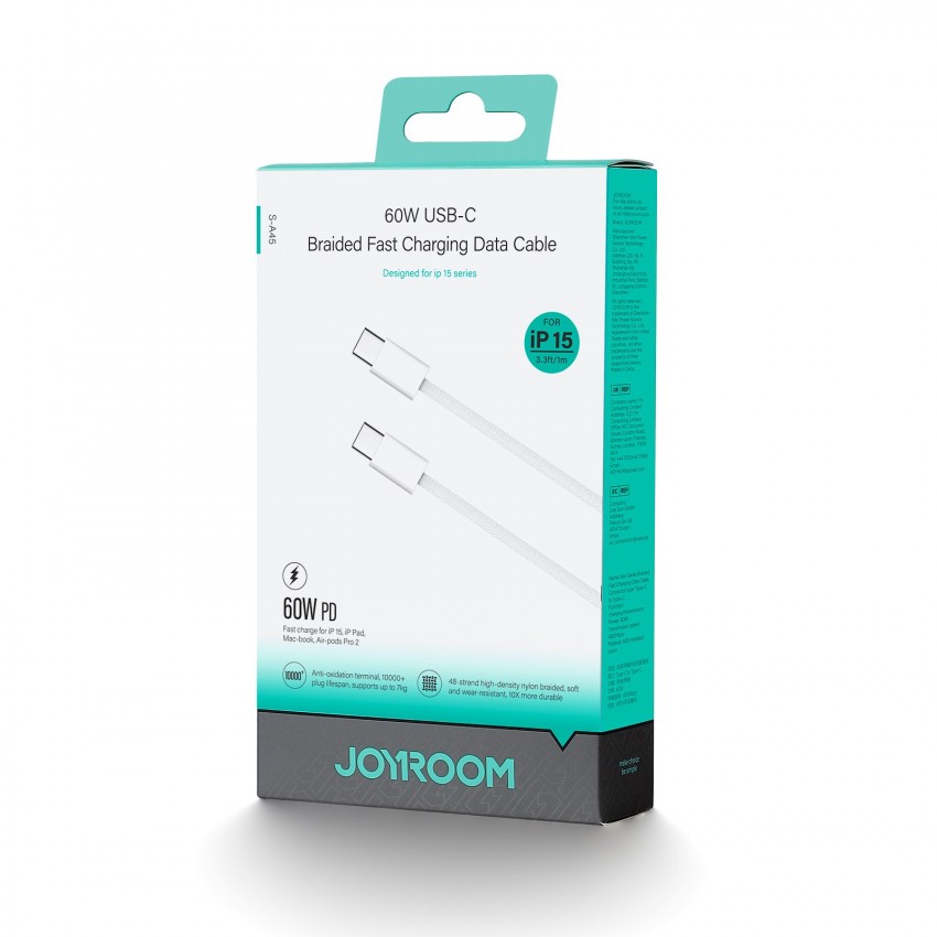 USB kabelis Joyroom S-A45 USB-C to USB-C 60W 1.0m balts