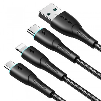 USB kabelis Joyroom SA33-1T3 USB to Lightning+USB-C+MicroUSB 3.5A 1.2m melns