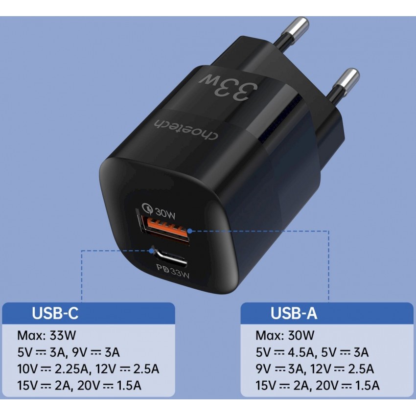 Lādētājs Choetech PD5006 USB-C/USB-A 33W melns