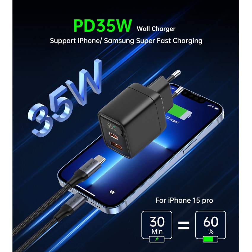 Charger Choetech PD6052 USB-C/USB-A PD35W GaN black