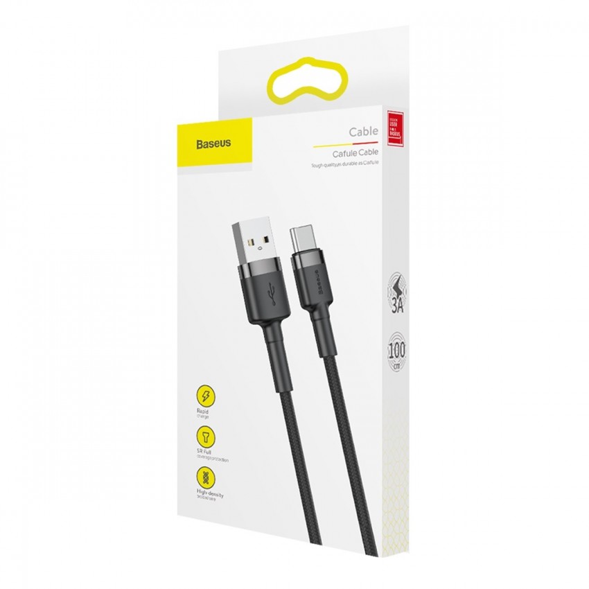 USB kabelis Baseus Cafule Type-C 1.0m 3A pelēks-melns CATKLF-BG1