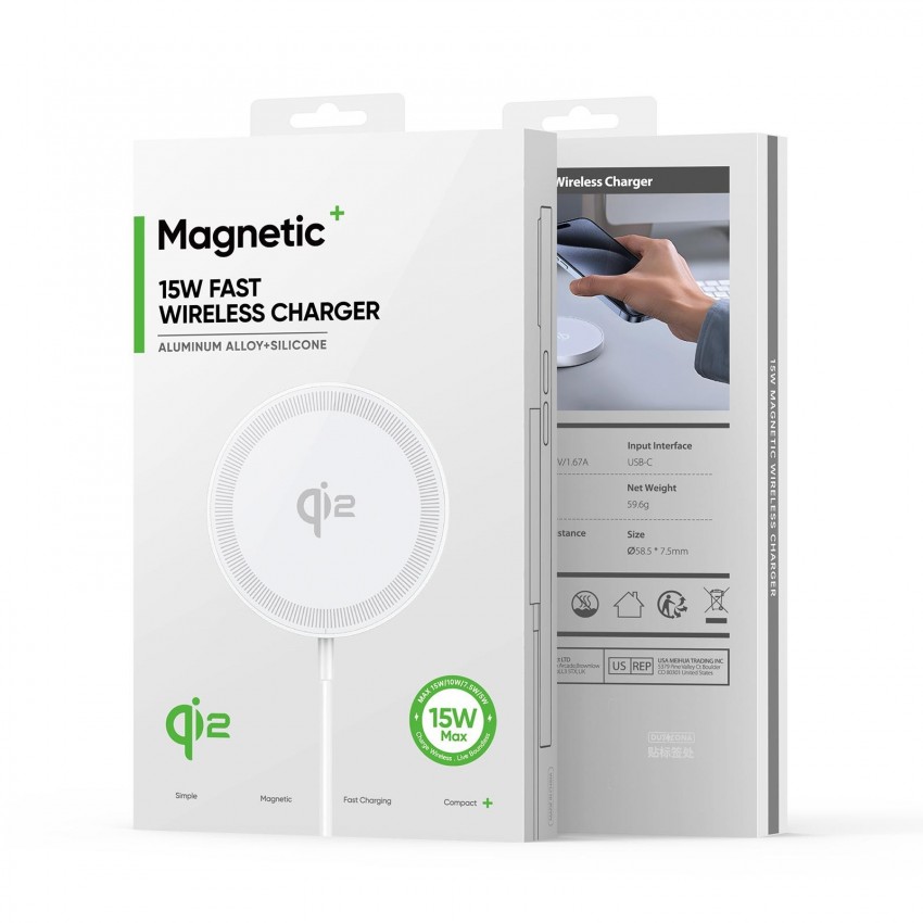 Lādētājs bezvadu DUZZONA W18 Qi2 Magnetic Wireless Charger 15W balts