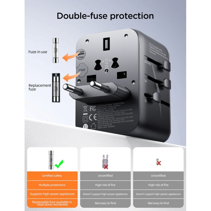 Universāls ceļojumu lādētājs Joyroom JR-TCW01 15W 3xUSB-A/USB-C melns