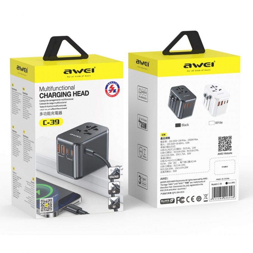 Universāls ceļojumu lādētājs Awei C-39 35W GaN 2xUSB-A/3xUSB-C melns