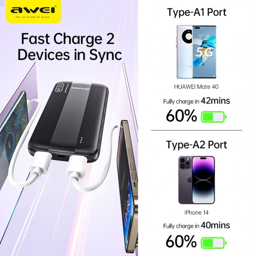 Väline aku Power Bank Awei P20K 5V/2.4A 10000mAh must