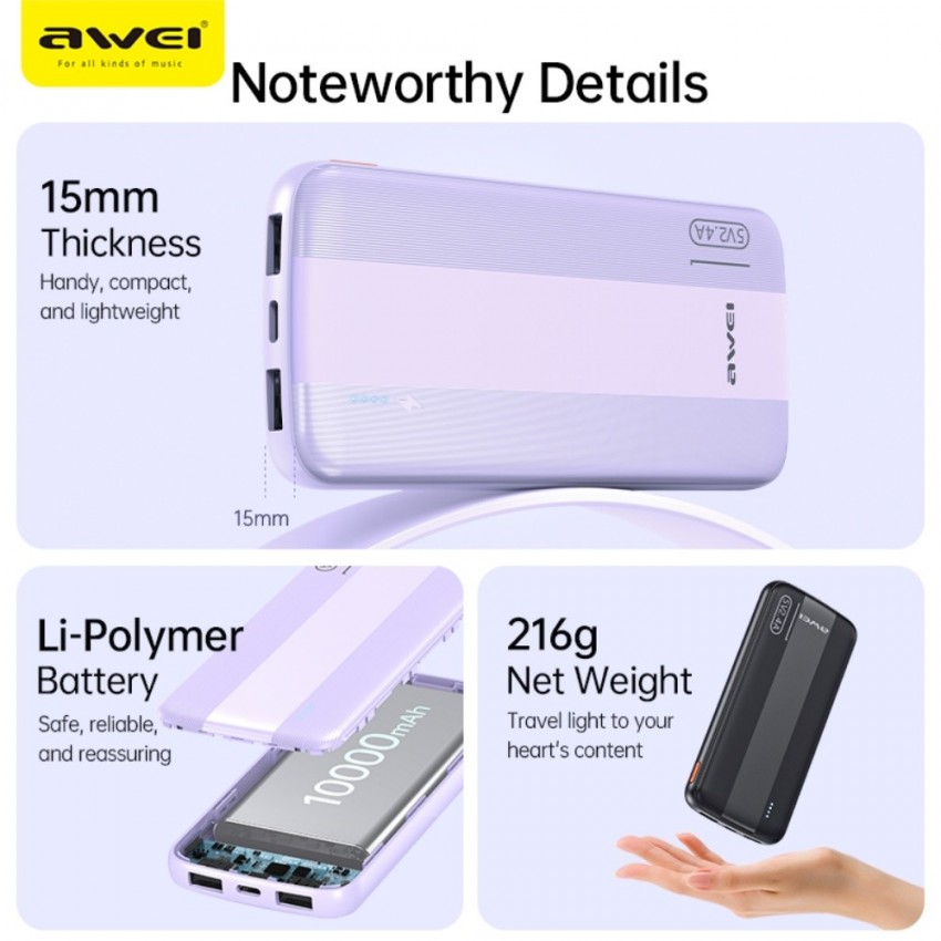 Väline aku Power Bank Awei P20K 5V/2.4A 10000mAh must