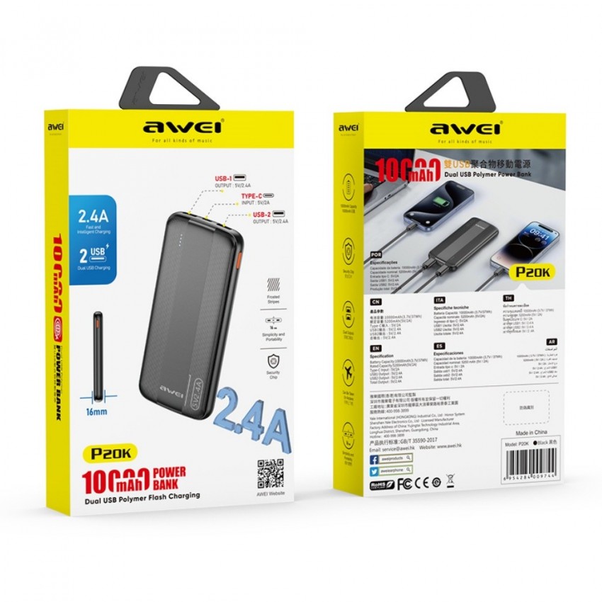 Arejais-akumulators Power Bank Awei P20K 5V/2.4A 10000mAh melns