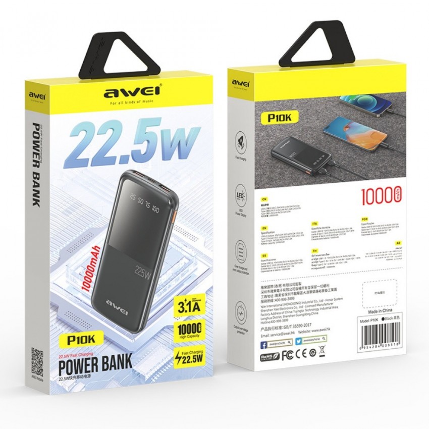 Arejais-akumulators Power Bank Awei P10K 22.5W 10000mAh melns