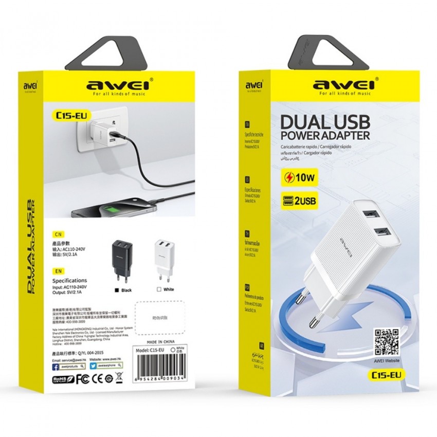 Laadija Awei C15T-EU 2xUSB-A 10W + USB to USB-C cable valge