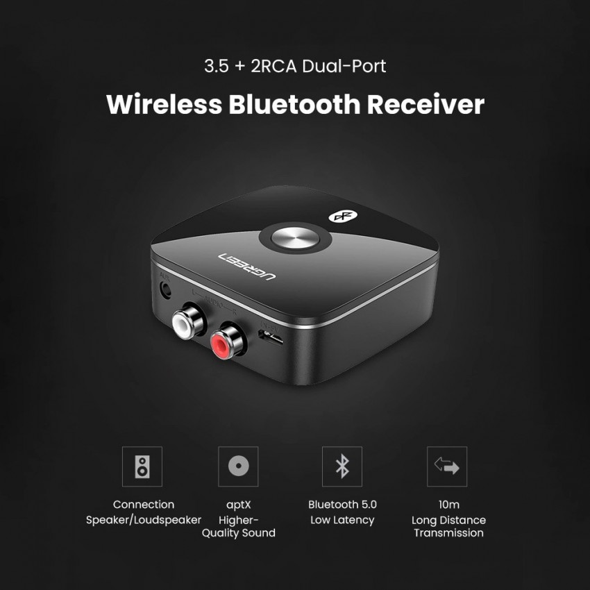 Bluetooth adapter vastuvõtja Ugreen CM106 2xRCA/AUX Bluetooth 5.1 must