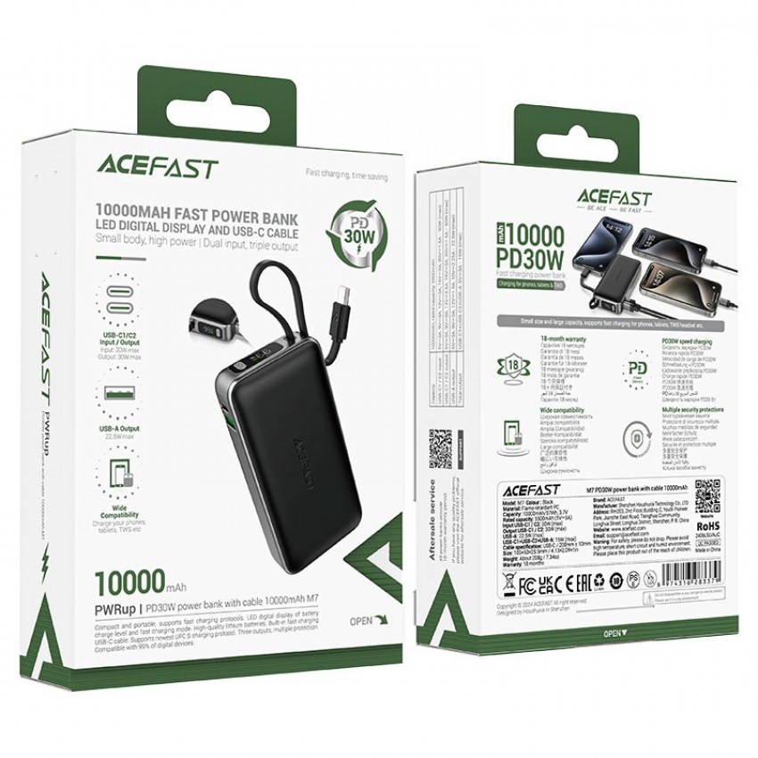 Arejais-akumulators Power Bank Acefast M7-10000 PD30W With Cable 10000mAh melns