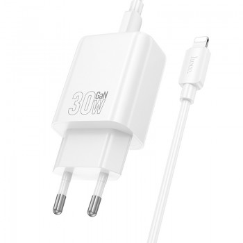 Lādētājs Hoco N63 30W GaN USB-C/USB-A + USB-C to Lightning cable 1.0m balts