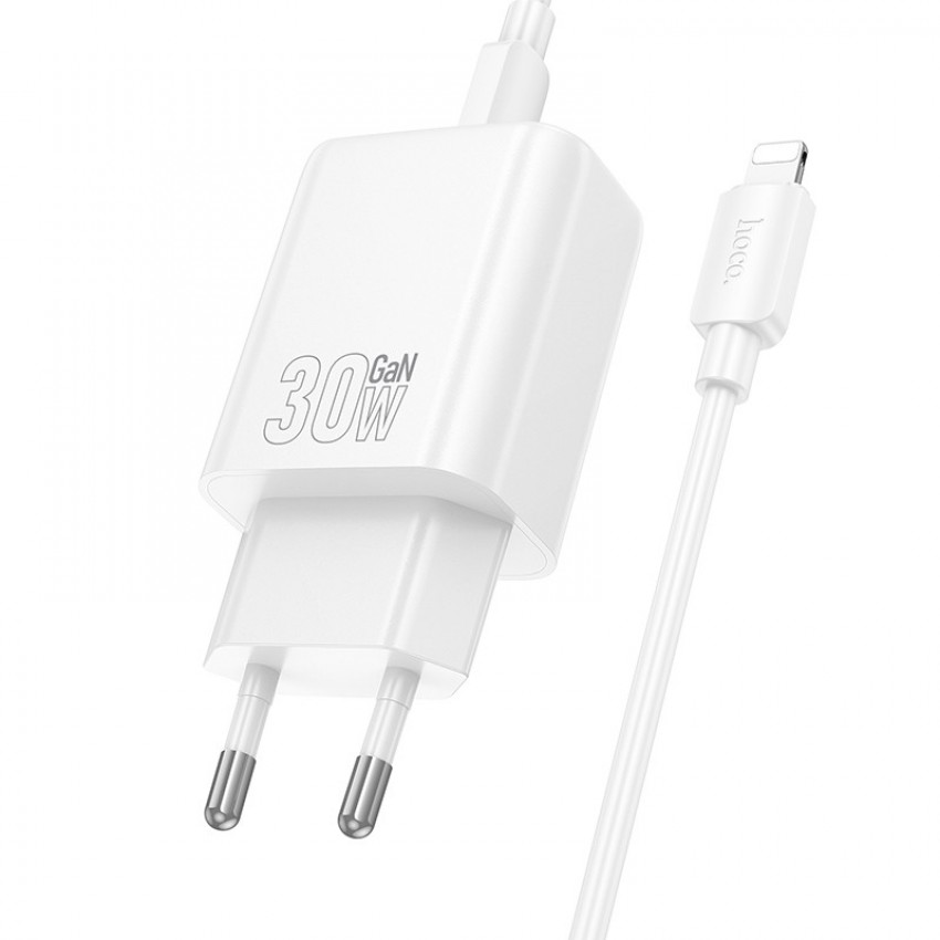 Lādētājs Hoco N63 30W GaN USB-C/USB-A + USB-C to Lightning cable 1.0m balts