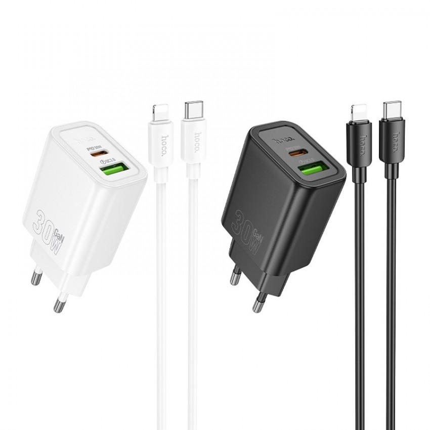 Lādētājs Hoco N63 30W GaN USB-C/USB-A + USB-C to Lightning cable 1.0m balts