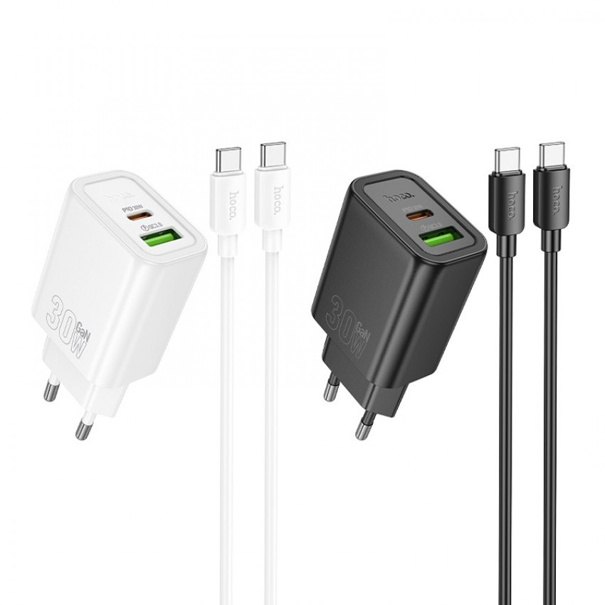 Lādētājs Hoco N63 30W GaN USB-C/USB-A + USB-C to USB-C cable 1.0m balts