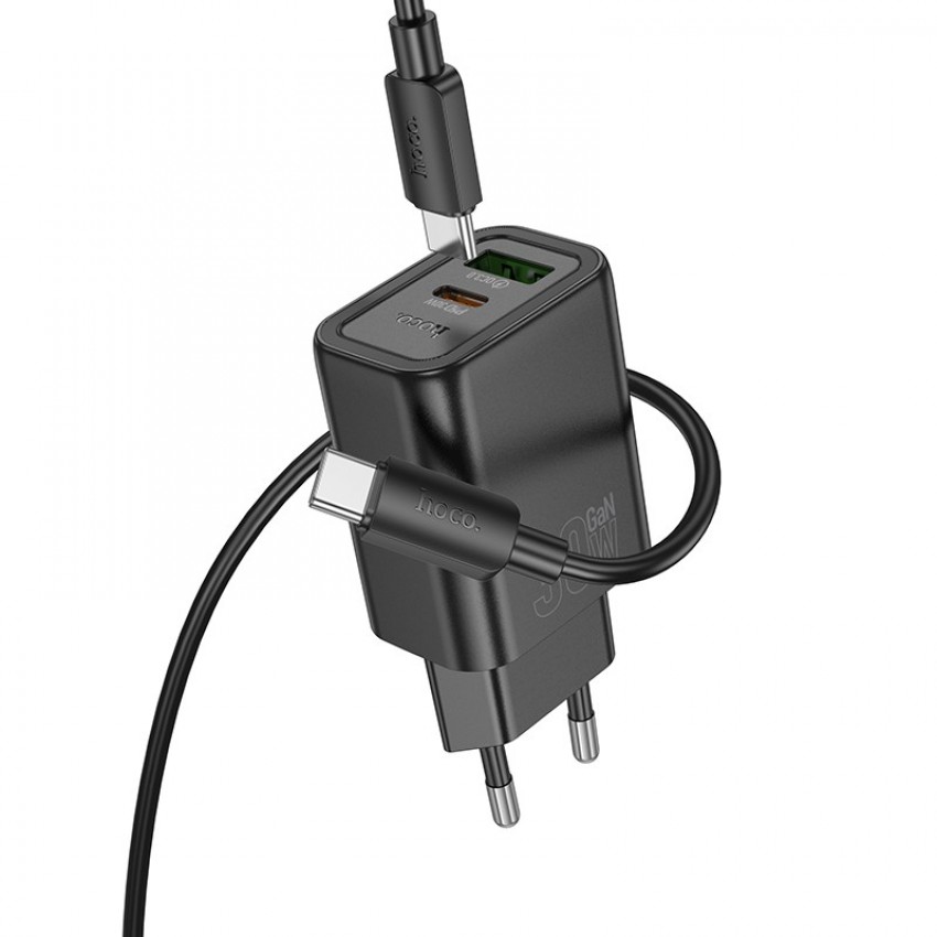 Lādētājs Hoco N63 30W GaN USB-C/USB-A + USB-C to USB-C cable 1.0m melns