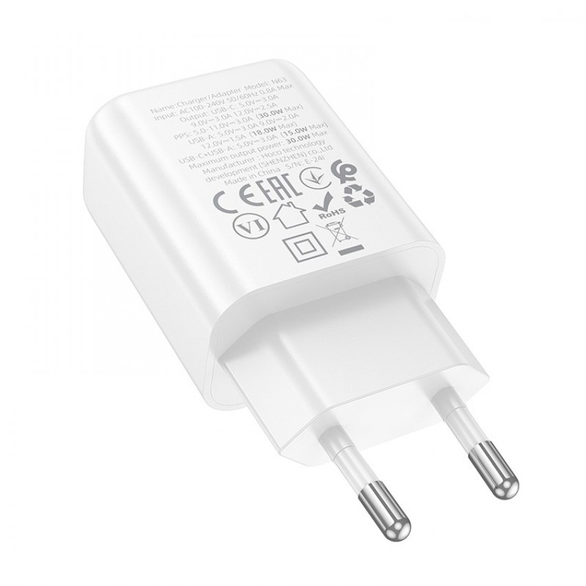 Lādētājs Hoco N63 30W GaN USB-C/USB-A balts