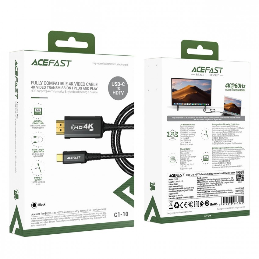 Kabelis Acefast C1-10 USB-C to HDMI 1.8m melns