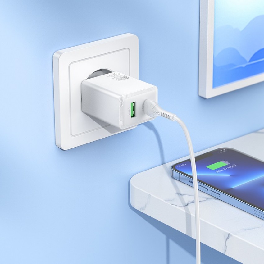 Lādētājs Hoco N71 30W GaN USB-C/USB-A + USB-C to Lightning cable 1.0m balts