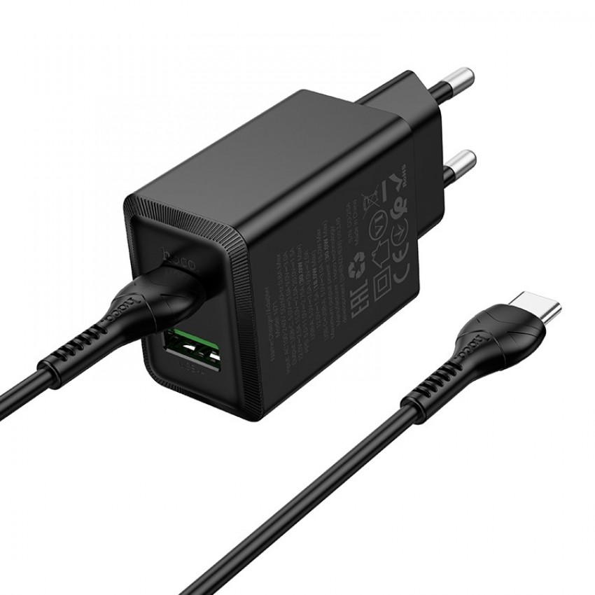 Lādētājs Hoco N71 30W GaN USB-C/USB-A + USB-C to USB-C cable 1.0m melns