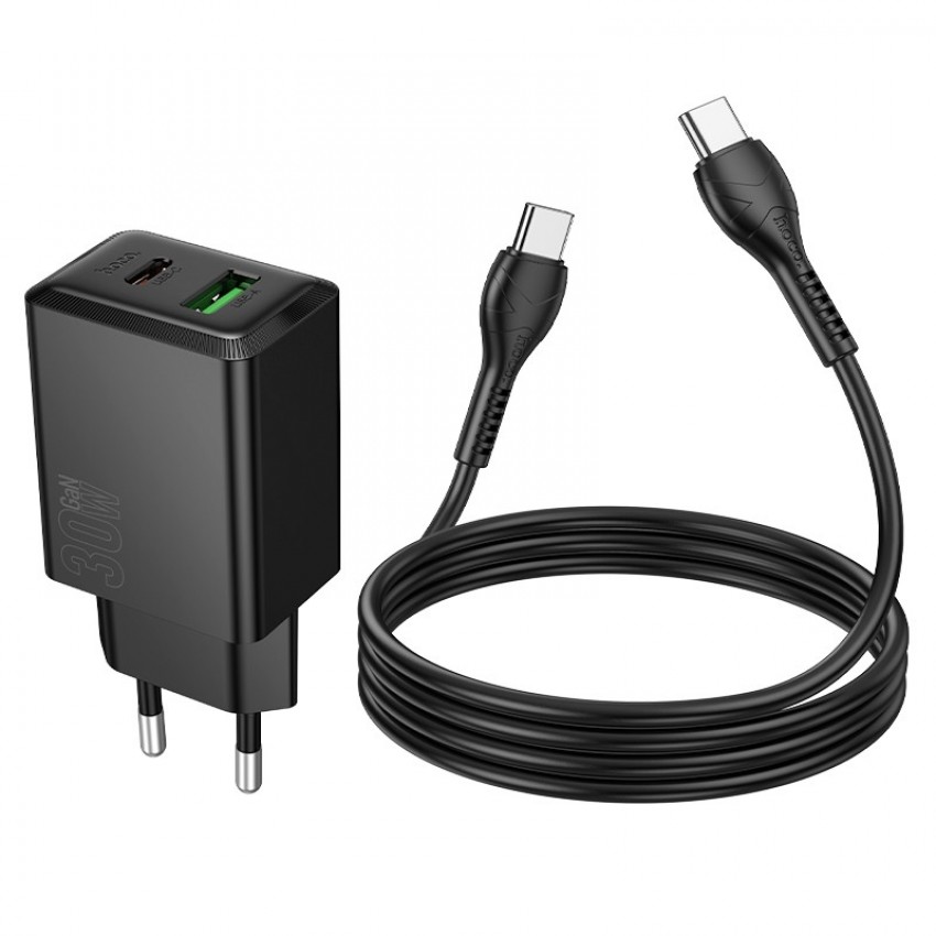 Lādētājs Hoco N71 30W GaN USB-C/USB-A + USB-C to USB-C cable 1.0m melns