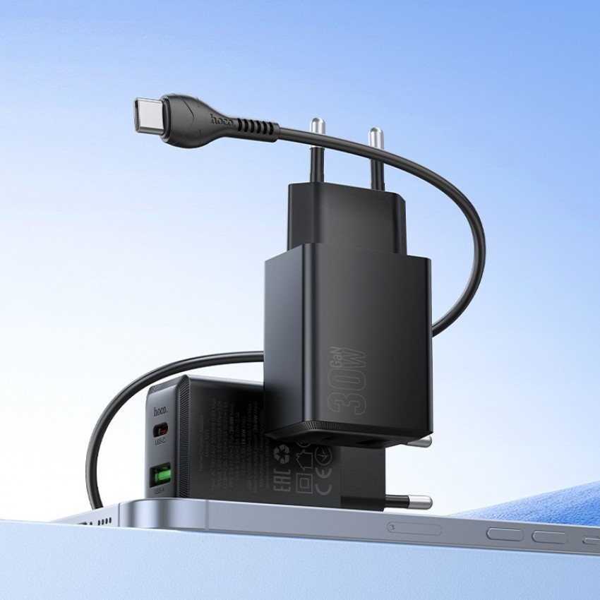 Lādētājs Hoco N71 30W GaN USB-C/USB-A + USB-C to USB-C cable 1.0m melns