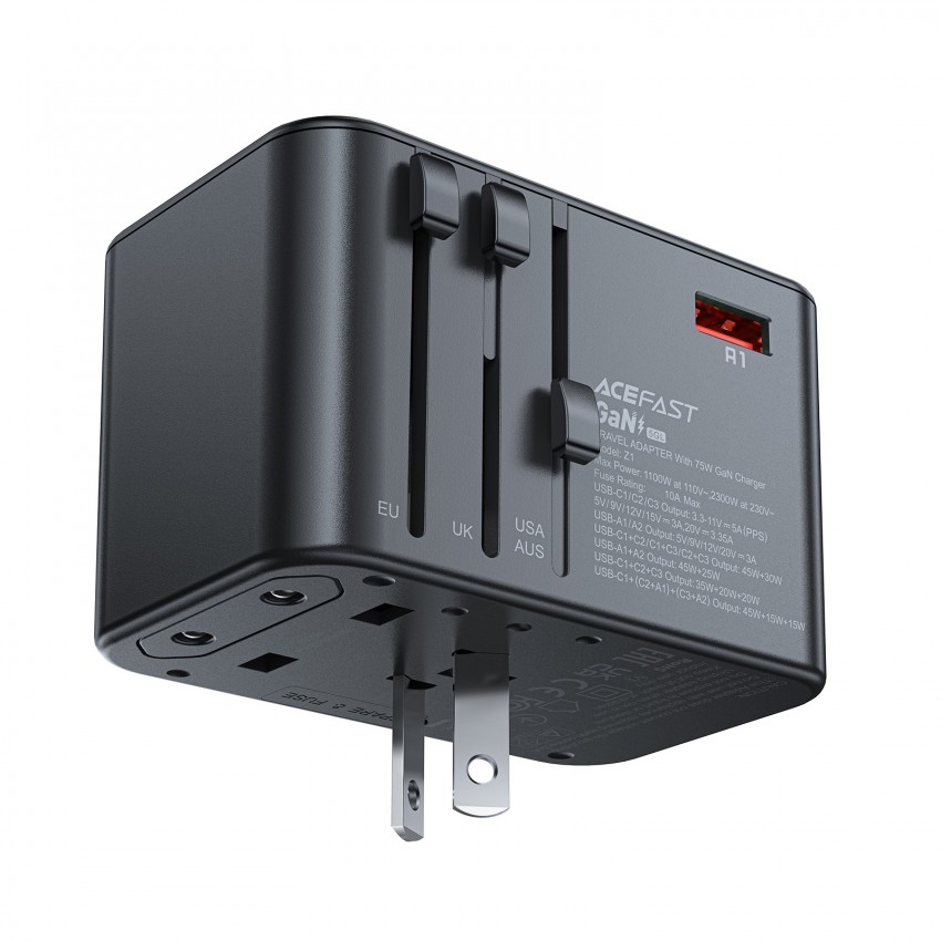 Universāls ceļojumu lādētājs Acefast Z1 75W GaN 2xUSB-A/3xUSB-C melns