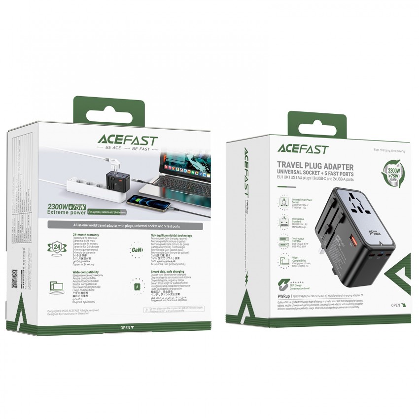 Universāls ceļojumu lādētājs Acefast Z1 75W GaN 2xUSB-A/3xUSB-C melns
