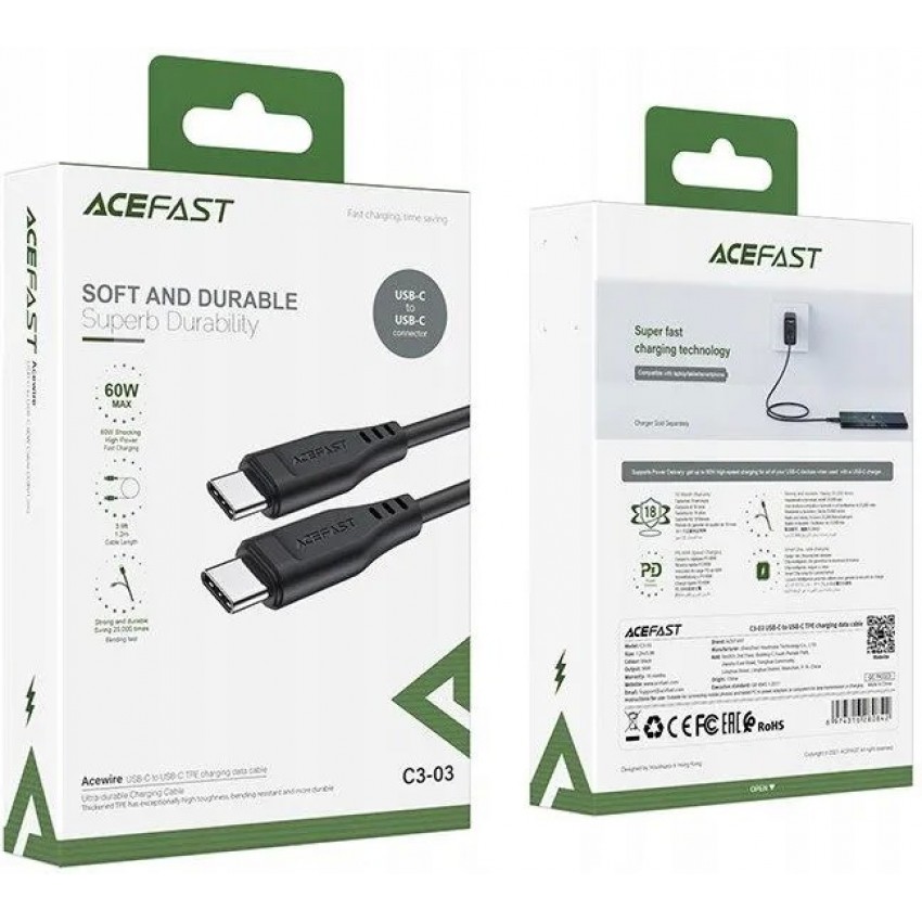 USB kabelis Acefast C3-03 60W USB-C to USB-C 1.2m melns